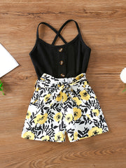 Girls Floral Sleeveless Romper Belted Jumpsuit
