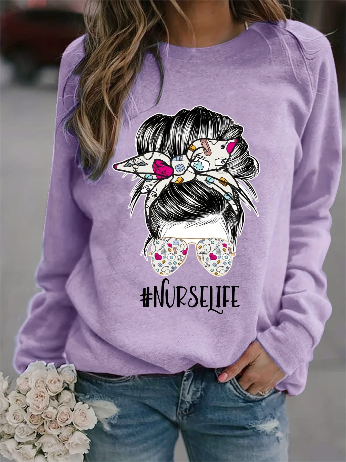 Nurse Life Print Loose Sweatshirt Casual Long Sleeve Crew Neck