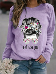 Nurse Life Print Loose Sweatshirt Casual Long Sleeve Crew Neck