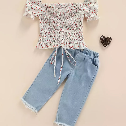 Floral Puffed Sleeve Denim Kids Outfit Set
