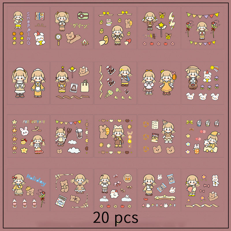20pcs PET Cartoon Girl Characters Hand Tent Decorative Stickers