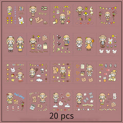 20pcs PET Cartoon Girl Characters Hand Tent Decorative Stickers
