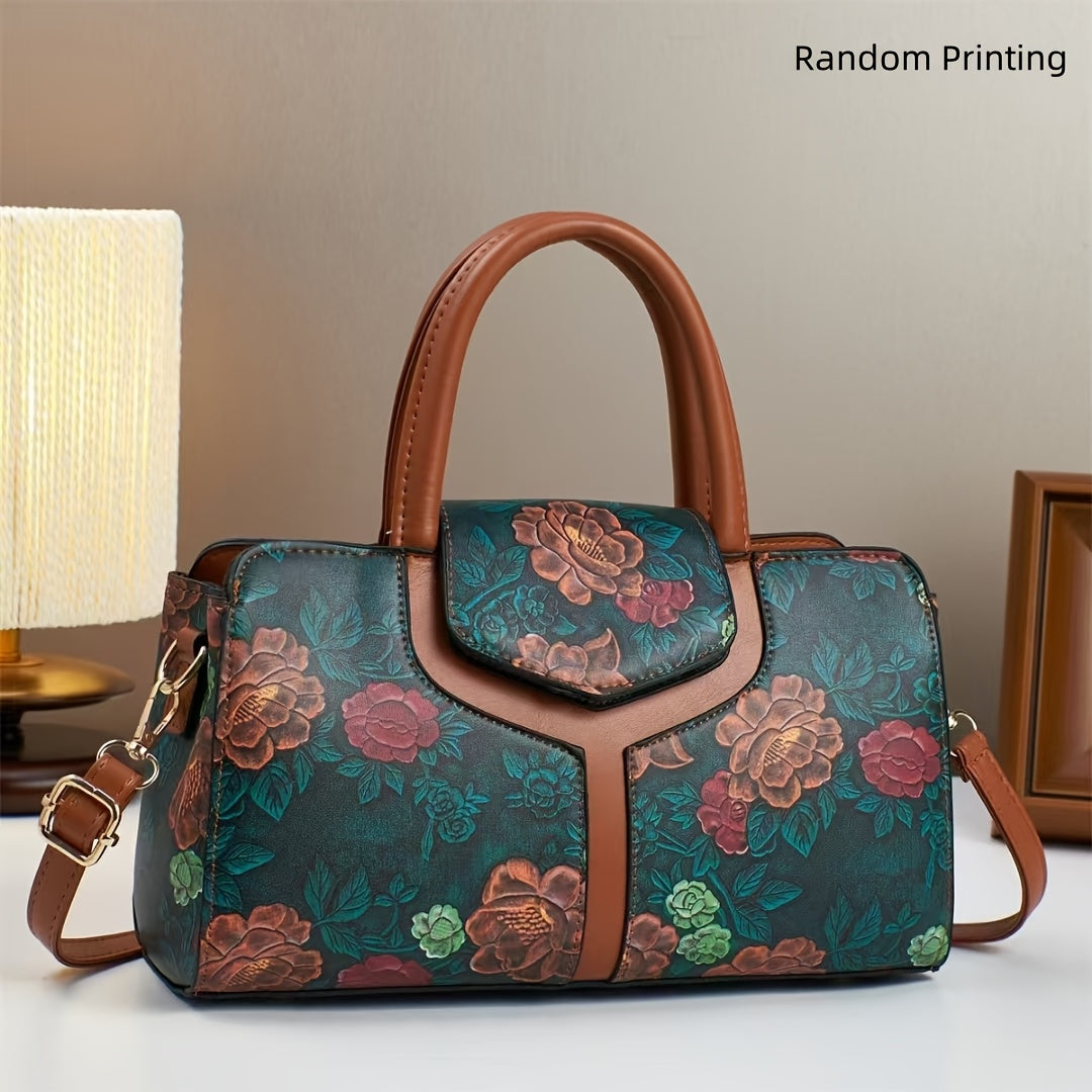 Vintage Floral Print Crossbody Bag Detachable Strap Zipper Closure