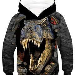 Dino & Stone Print Kid's Hoodie Pullover Long Sleeve Top