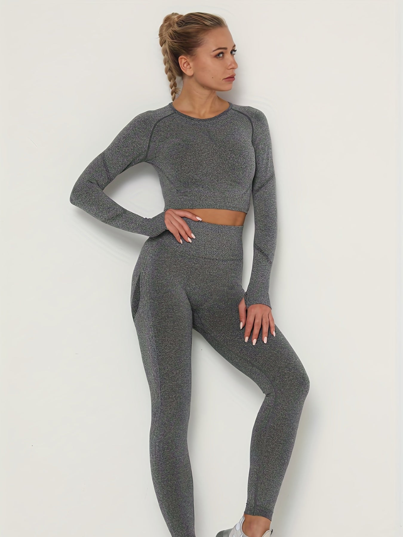 2pcs Seamless Yoga Sets Long Sleeve Top & Leggings Women's Activewear
