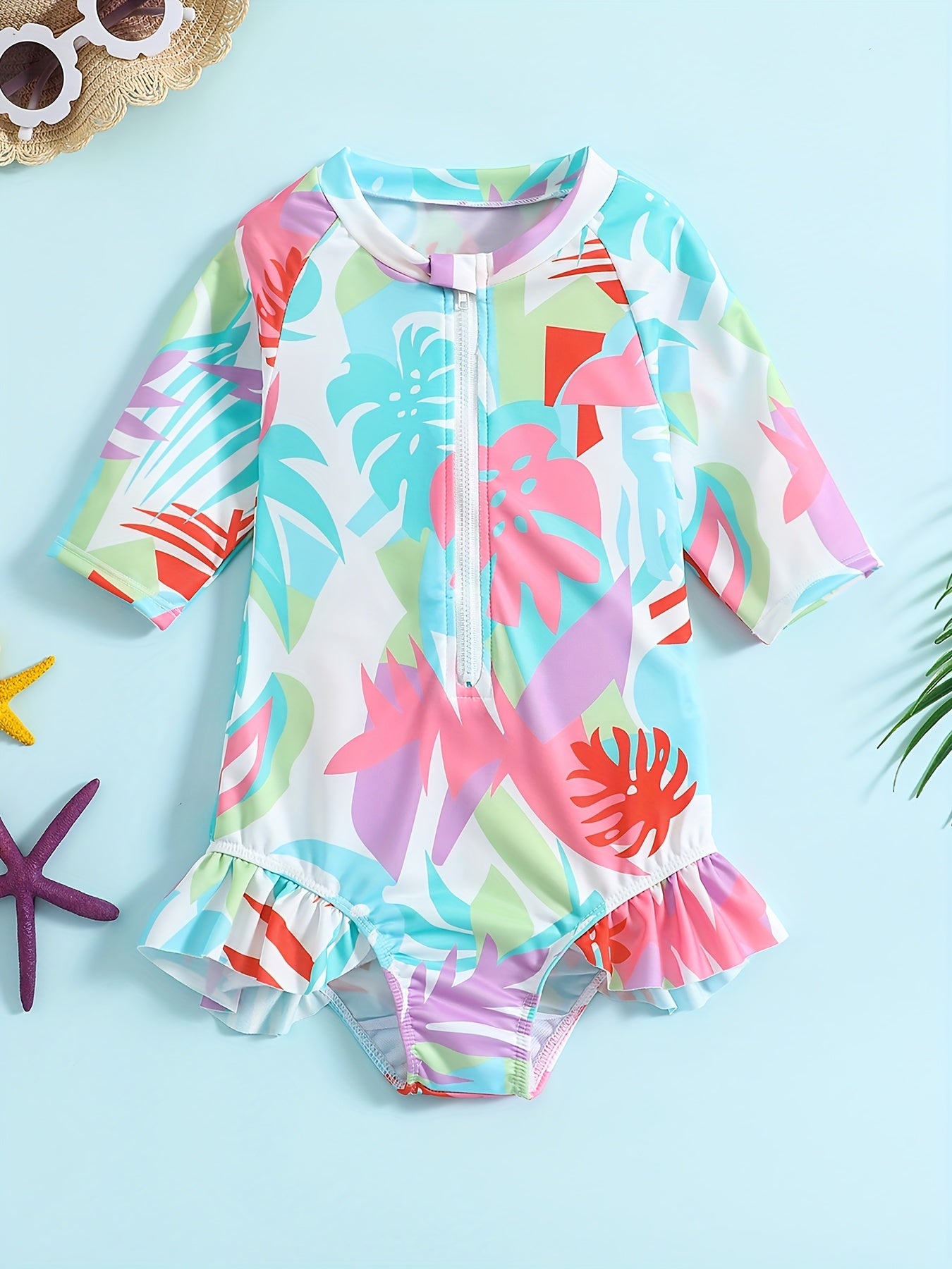 Baby Girls Leaf Graphic Print One Piece Swimsuit Short Sleeve Bathing Suits