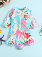 Baby Girls Leaf Graphic Print One Piece Swimsuit Short Sleeve Bathing Suits
