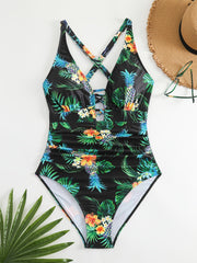 Plus Size Leopard Print Lace Up One Piece Swimsuit