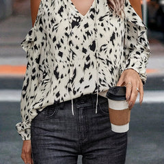 Leopard Print Ruffle Trim Cold Shoulder Blouse
