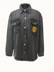 Dark Grey Sunflower Denim Jackets Long Sleeves Letter Print