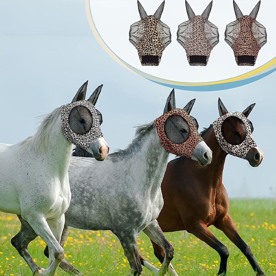 Comfortable Horse Fly Mask with Ears Elasticity Leopard Print Large