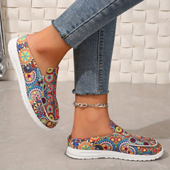 Women's Floral Print Slip On Low Round Toe Flat Canvas Shoes