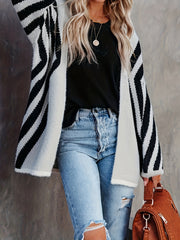 Casual Cardigan Women's Plus Stripe Print Long Sleeve Open Front