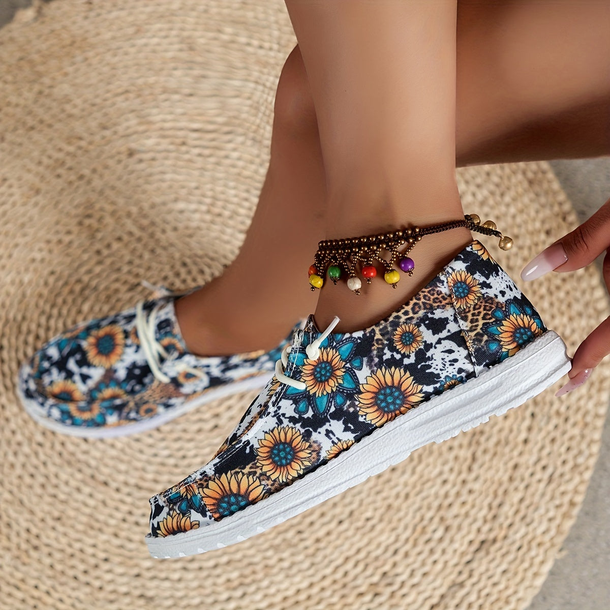 Women's Sunflower Pattern Boat Shoes Lace up Walking Shoes
