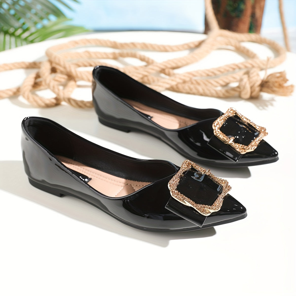 Rhinestone Buckle Point Toe Flat Shoes Lightweight Faux Leather Dress Shoes