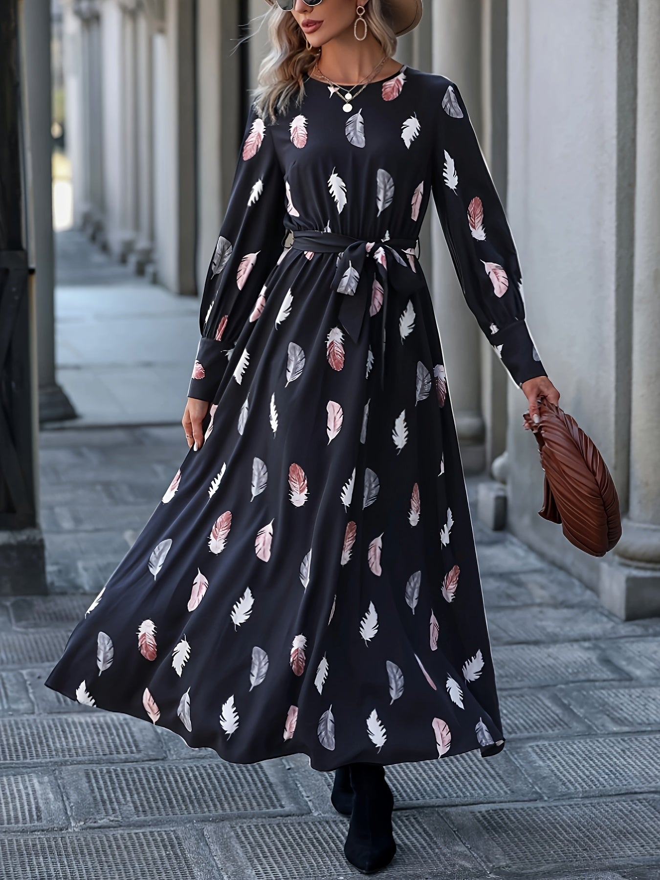 Feather Print Maxi Dress With Belt