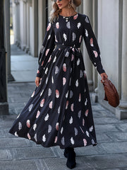Feather Print Maxi Dress With Belt