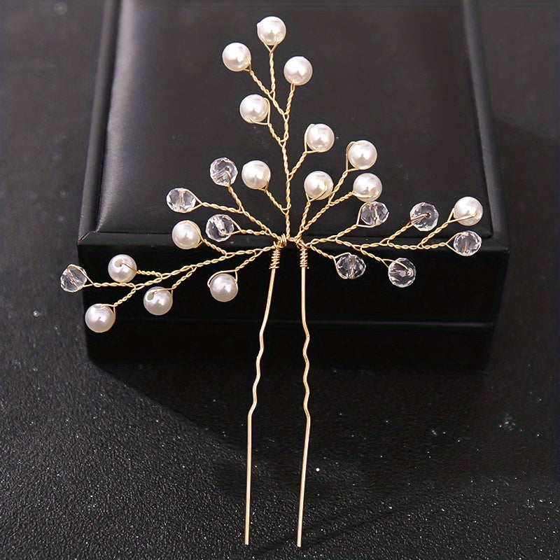 Silvery Crystal Faux Pearl Hairpins U shaped Hair Pin Wedding Bridal Hair Sticks