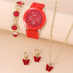 Student Silicone Quartz Watch with Red Butterfly Set and Bead Bracelet