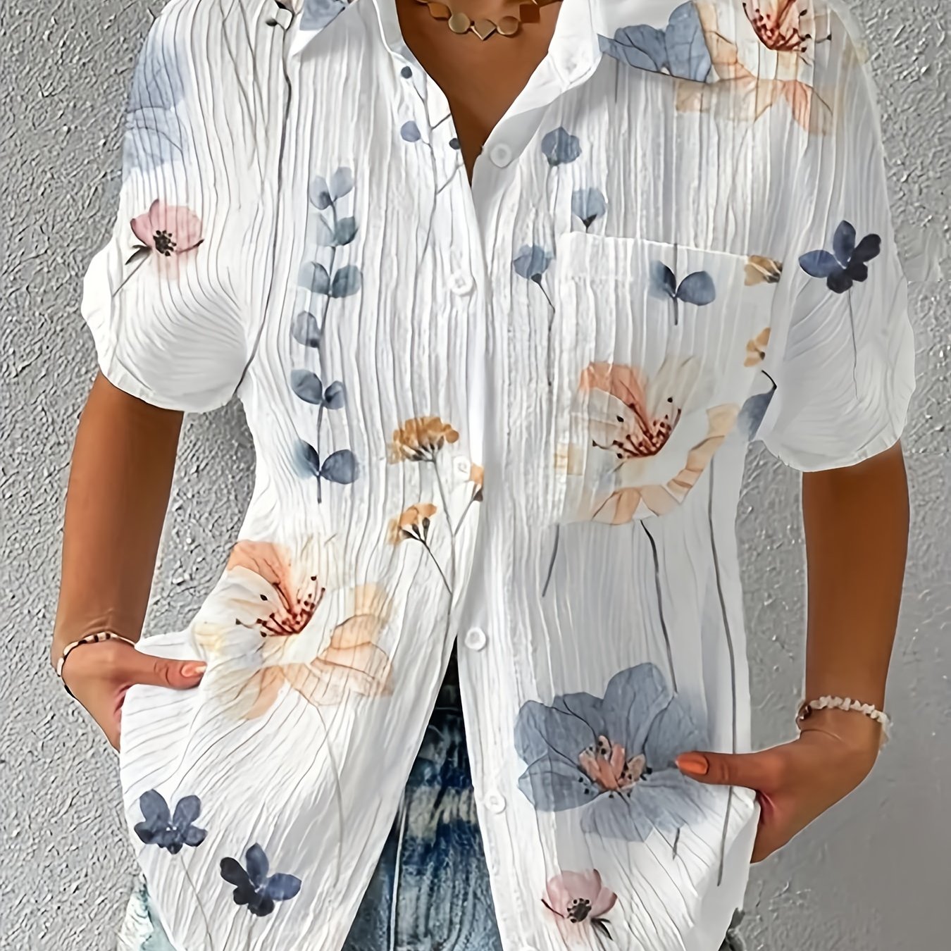 Floral Print Button Up Short Sleeve Blouse