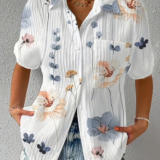 Floral Print Button Up Short Sleeve Blouse