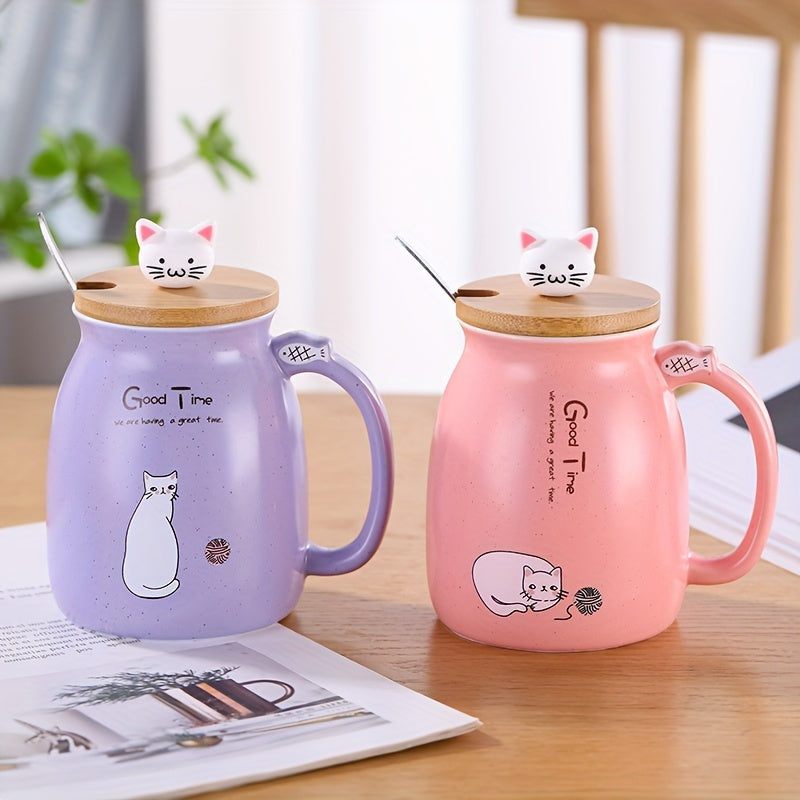 450ml Cartoon Cat Ceramic Mug with Wooden Lid & Spoon Handle