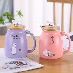 450ml Cartoon Cat Ceramic Mug with Wooden Lid & Spoon Handle