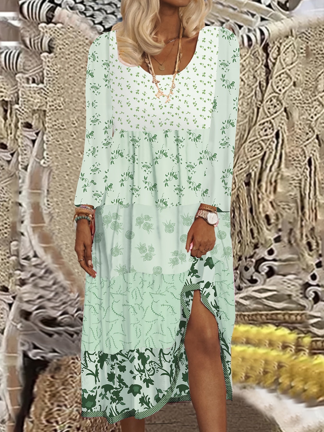 Colorblock Floral Print Maxi Dress Long Sleeve