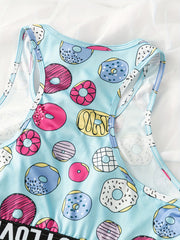 Donut Print Crop Tank Top & Shorts Set