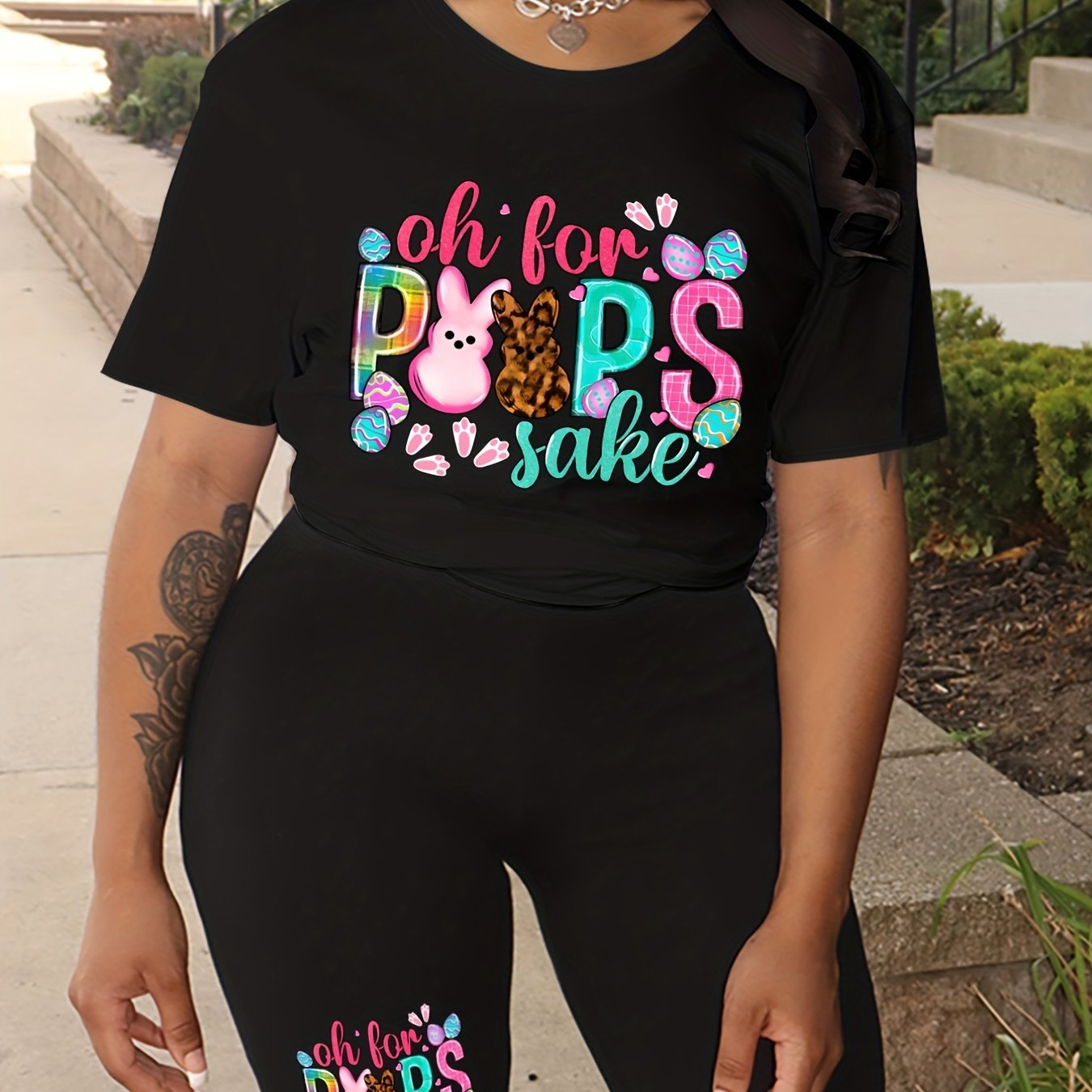 Women's Plus Easter Graphic Tee & Biker Shorts Set