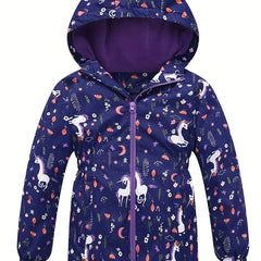 Toddler Girls Unicorn Hooded Jacket Waterproof Zipper Coat