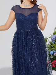 Leaf Print Sequin Cap Sleeve Maxi Evening Formal Dress