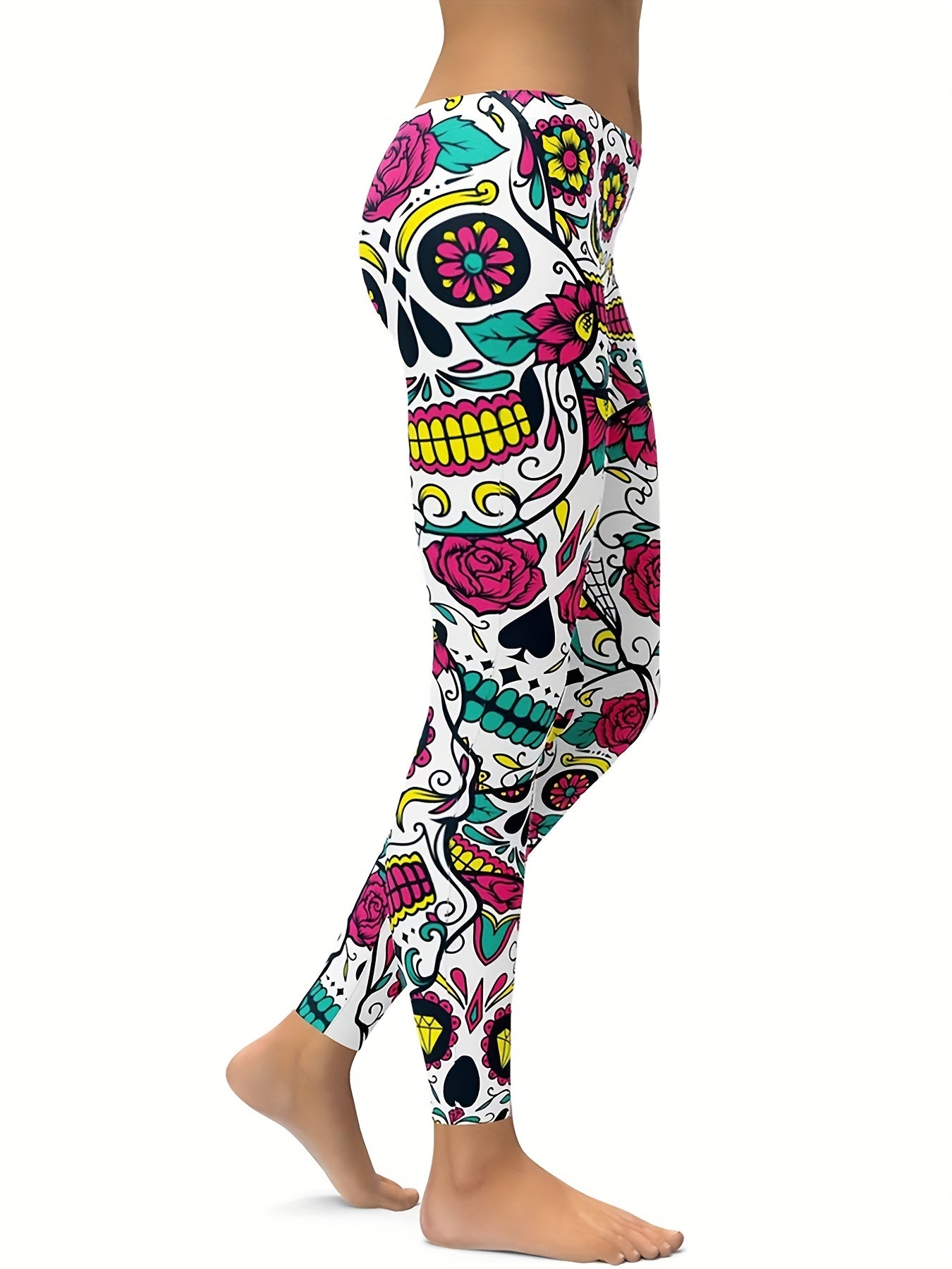 Flower & Halloween Skull Print Yoga Pants High Stretch Leggings for Women