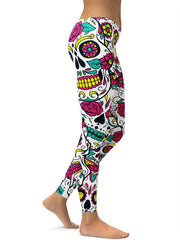 Flower & Halloween Skull Print Yoga Pants High Stretch Leggings for Women