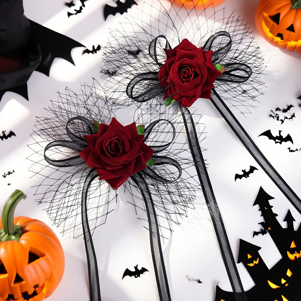 Gothic Halloween Hair Clips Vintage Rose & Mesh Veil Lace Accents Cosplay