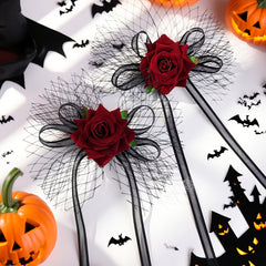 Gothic Halloween Hair Clips Vintage Rose & Mesh Veil Lace Accents Cosplay