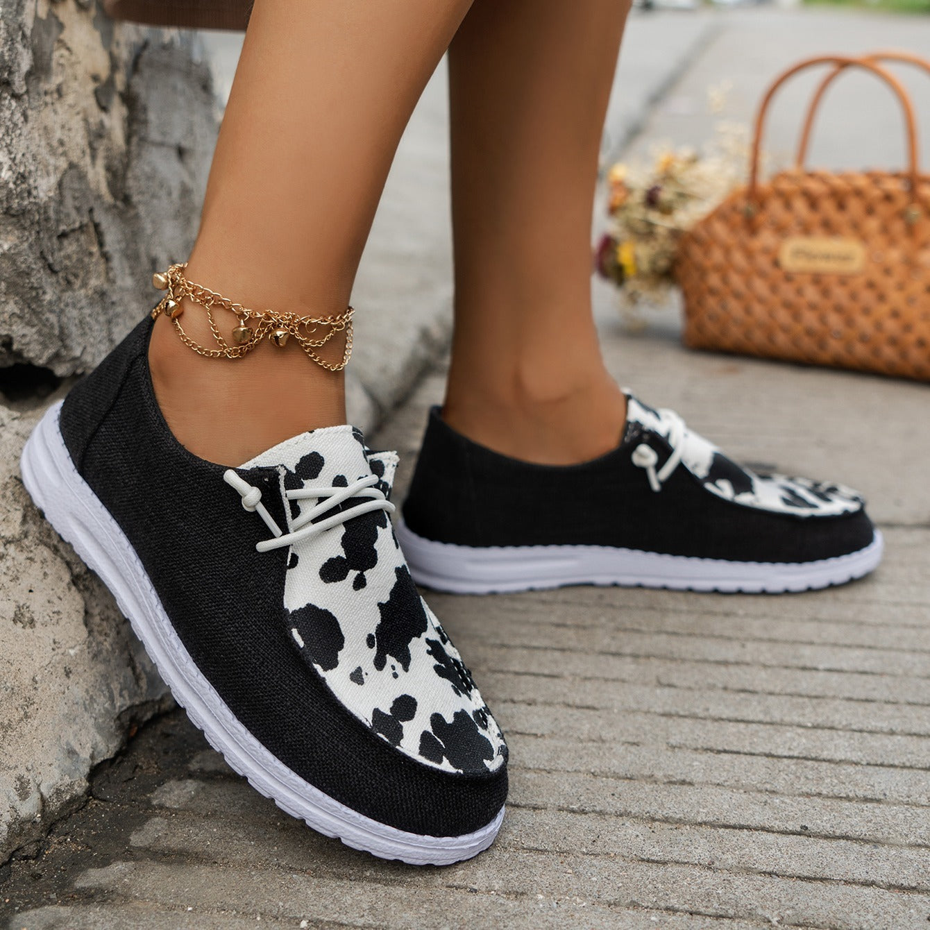 Women's Casual Sneakers Breathable Walking Shoes Cow Pattern Anti Slip