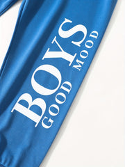 2PCS BOYS GOOD MOOD Letter Graphic Print Boys Casual Long Sleeve Hooded Sweatshi