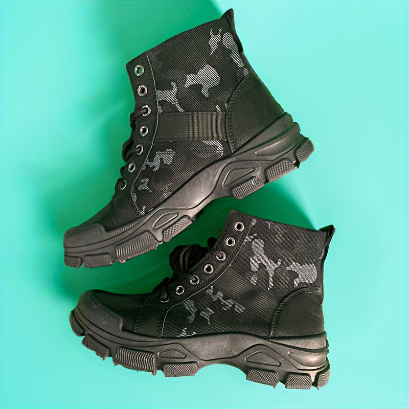 Men's Solid High Top Hiking Boots Comfy Non Slip Lace Up Durable Shoes