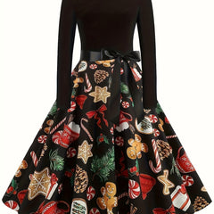 Colorblock Christmas Print Tie Front A-line Maxi Dress