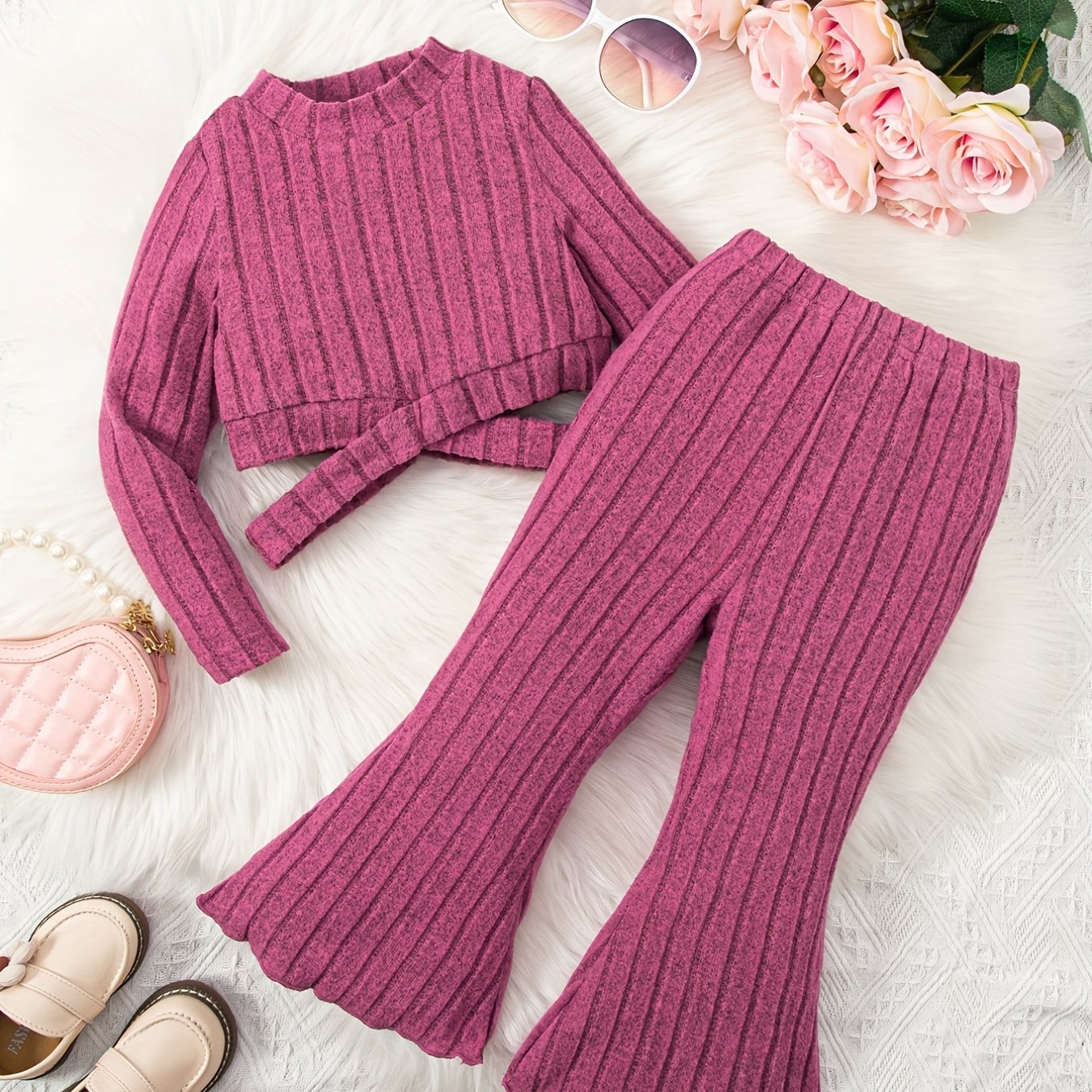 Toddler Girl's Ribbed Top & Flared Pants Set Casual Outfits