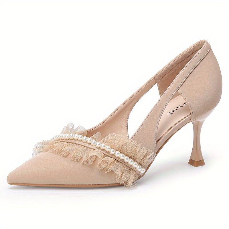 Pearl Stiletto Heels Point Toe Pumps Cutout Heels