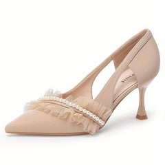 Pearl Stiletto Heels Point Toe Pumps Cutout Heels