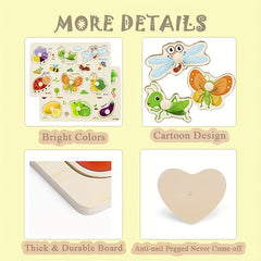 3-Pack Wooden Peg Puzzles for Toddlers - Educational Preschool Toy Set