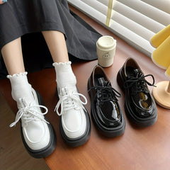 Women's Platform Loafers Round Toe Lace Up Patent Leather Shoes