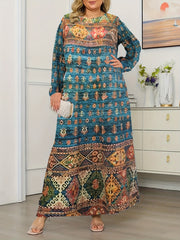 Boho Maxi Dress Women's Plus Size Graphic Print Long Sleeve Round Neck Dress