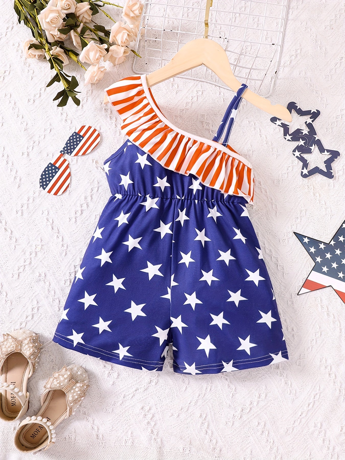 Girls Ruffle Trim Stars Rompers Jumpsuits - Summer Clothes