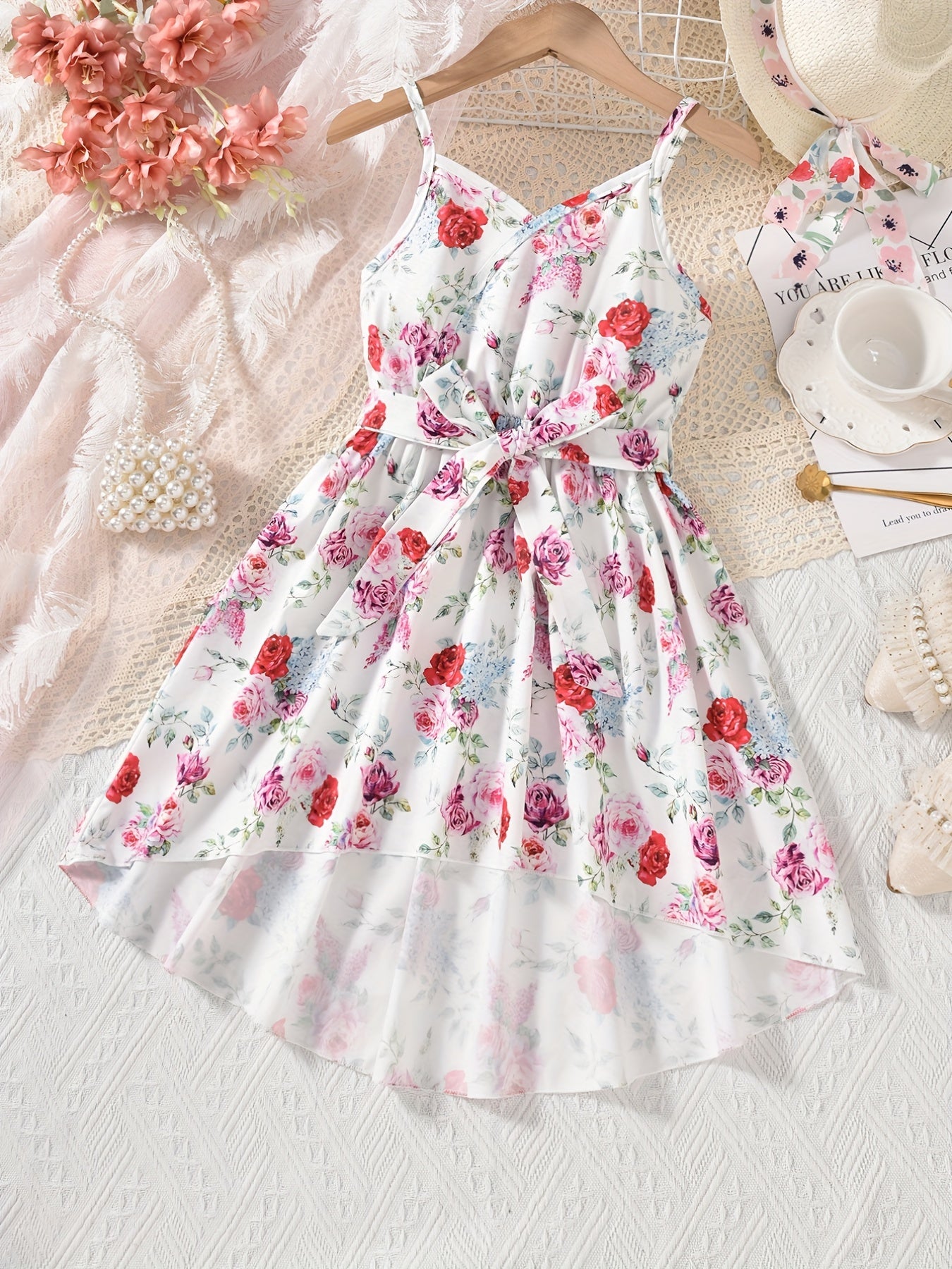 Girls' Rainbow V-Neck Dress High Low Belted Cami for Vacation Summer