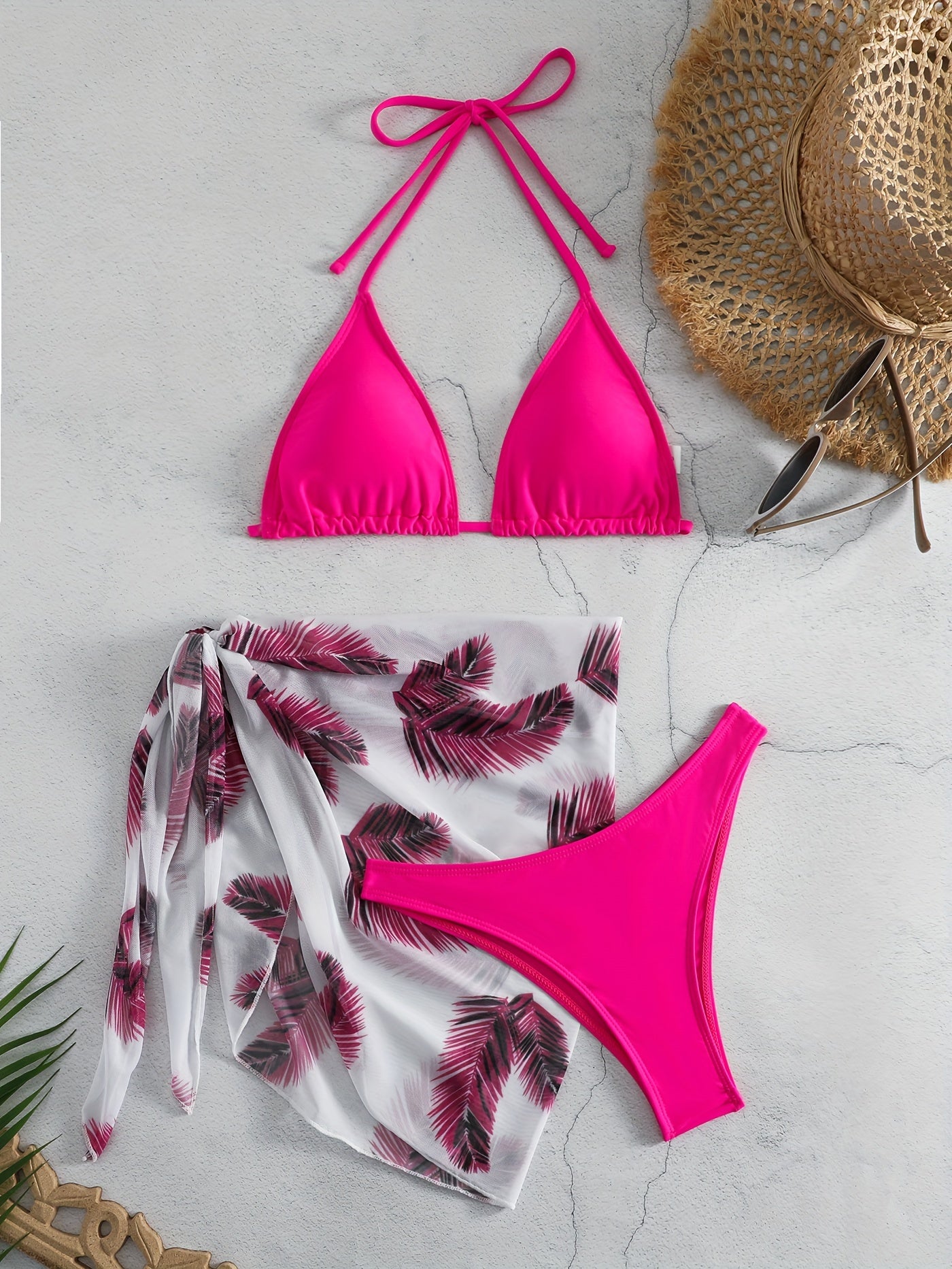 Feather Print Bikini Set Halter Neck Tie Back High Cut Cover Up Wrap Swimsuit