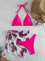 Feather Print Bikini Set Halter Neck Tie Back High Cut Cover Up Wrap Swimsuit